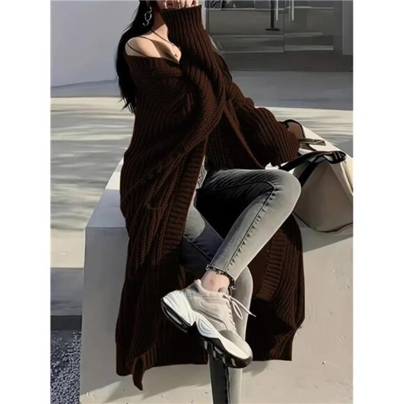 Womens Long Cardigan Sweaters Open Front Oversized Coffee - Picture 4 of 5
